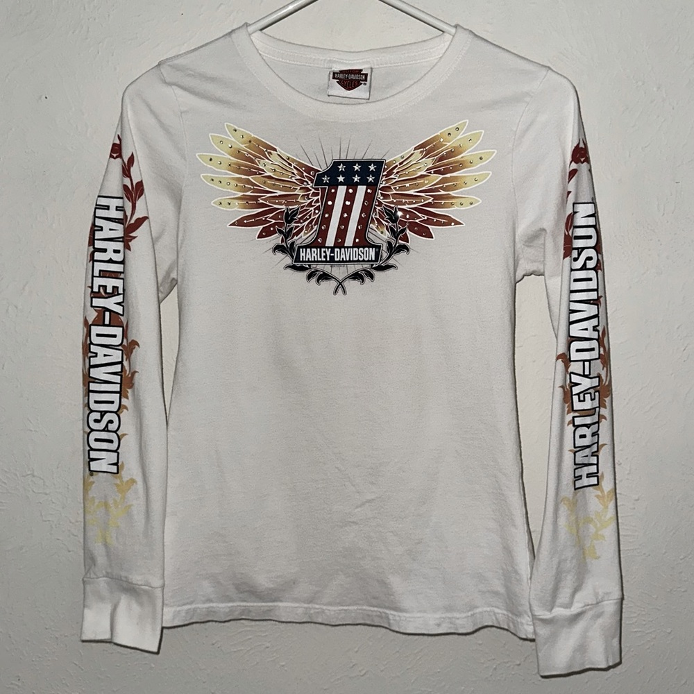 Harley Davidson white long sleeve rhinestone Ghost Town Waynesville NC wings M